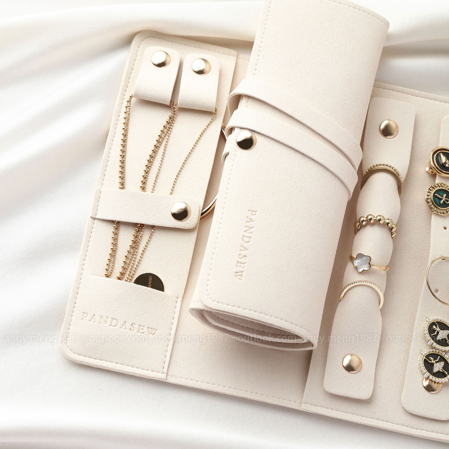 Thick microfiber jewelry travel bag with personalized logo printing, ivory case