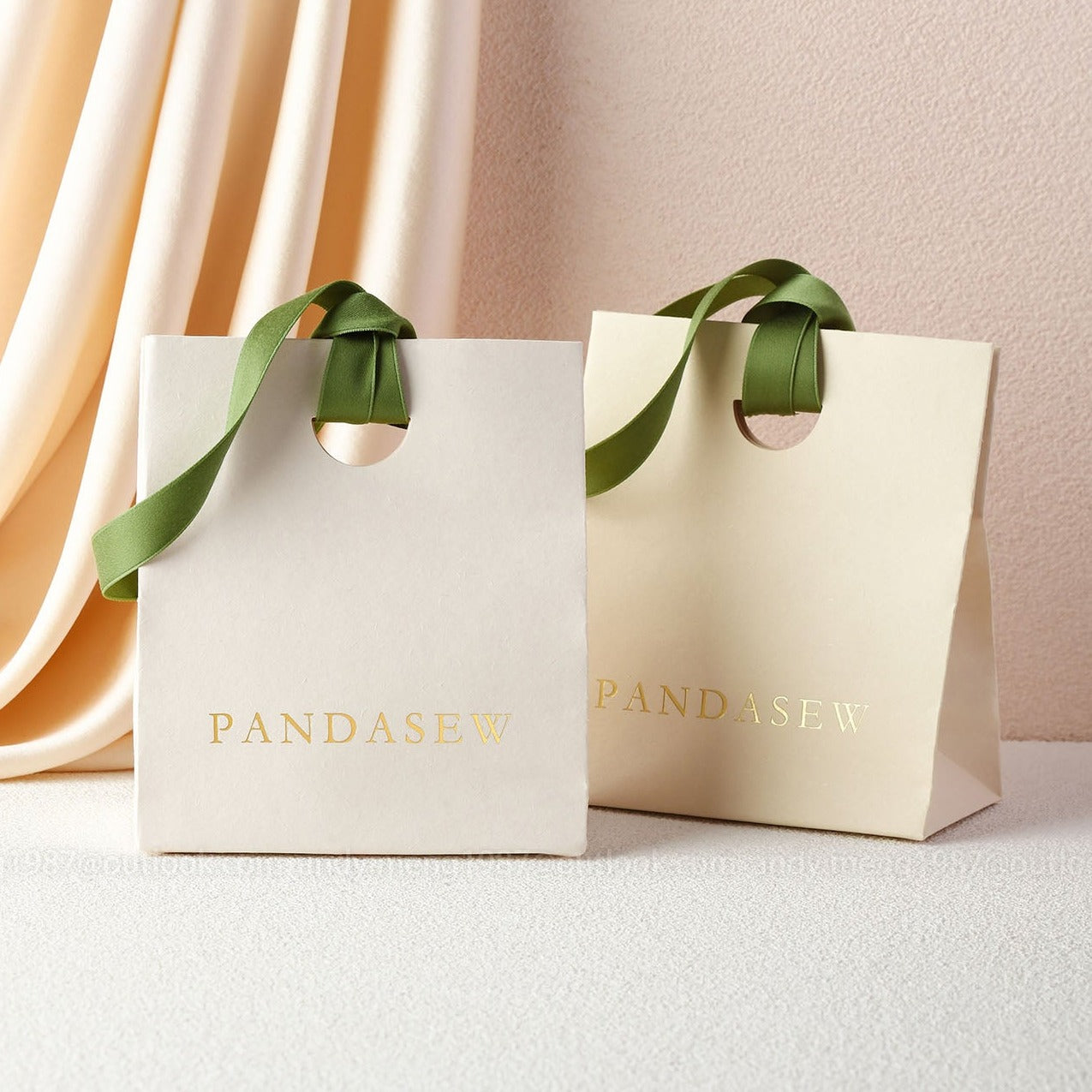 Thank you bag deboss logo, beige paper gift bags with green ribbon