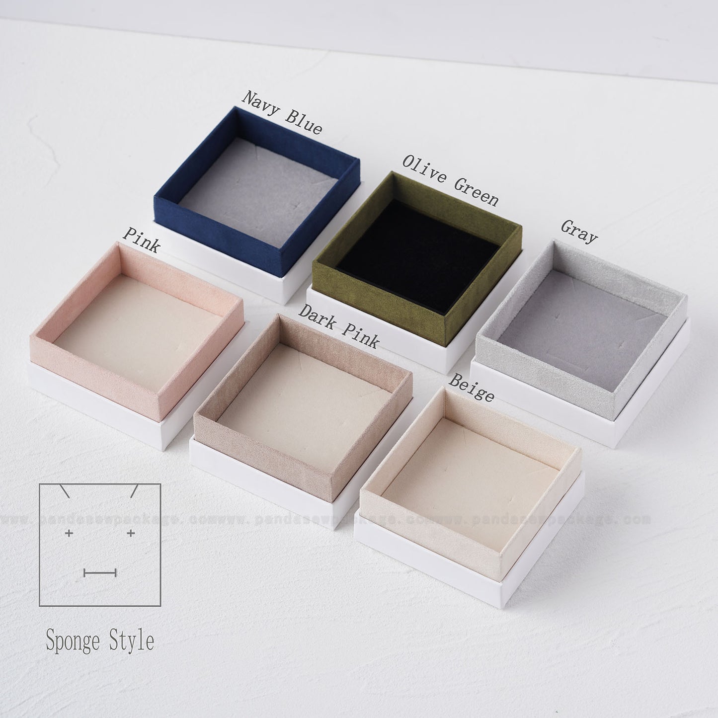 Pink, dark pink, beige gray, Plive green, navy blue jewelry box, 6 color velvet box deboss logo