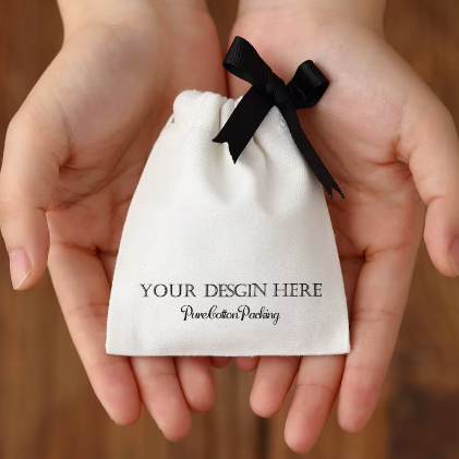 white cotton canvas with single sided grosgrain ribbon drawstring bag