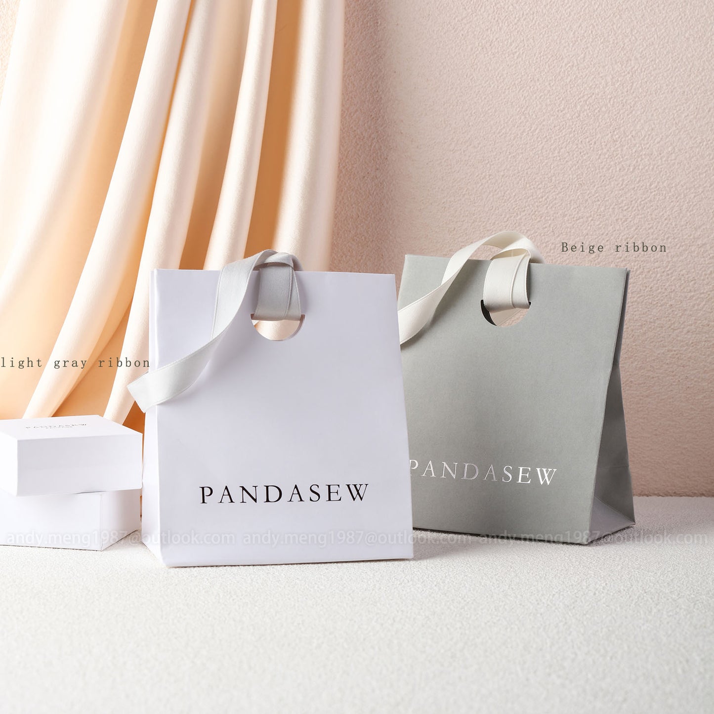 gray paper party bags, white paper party bags