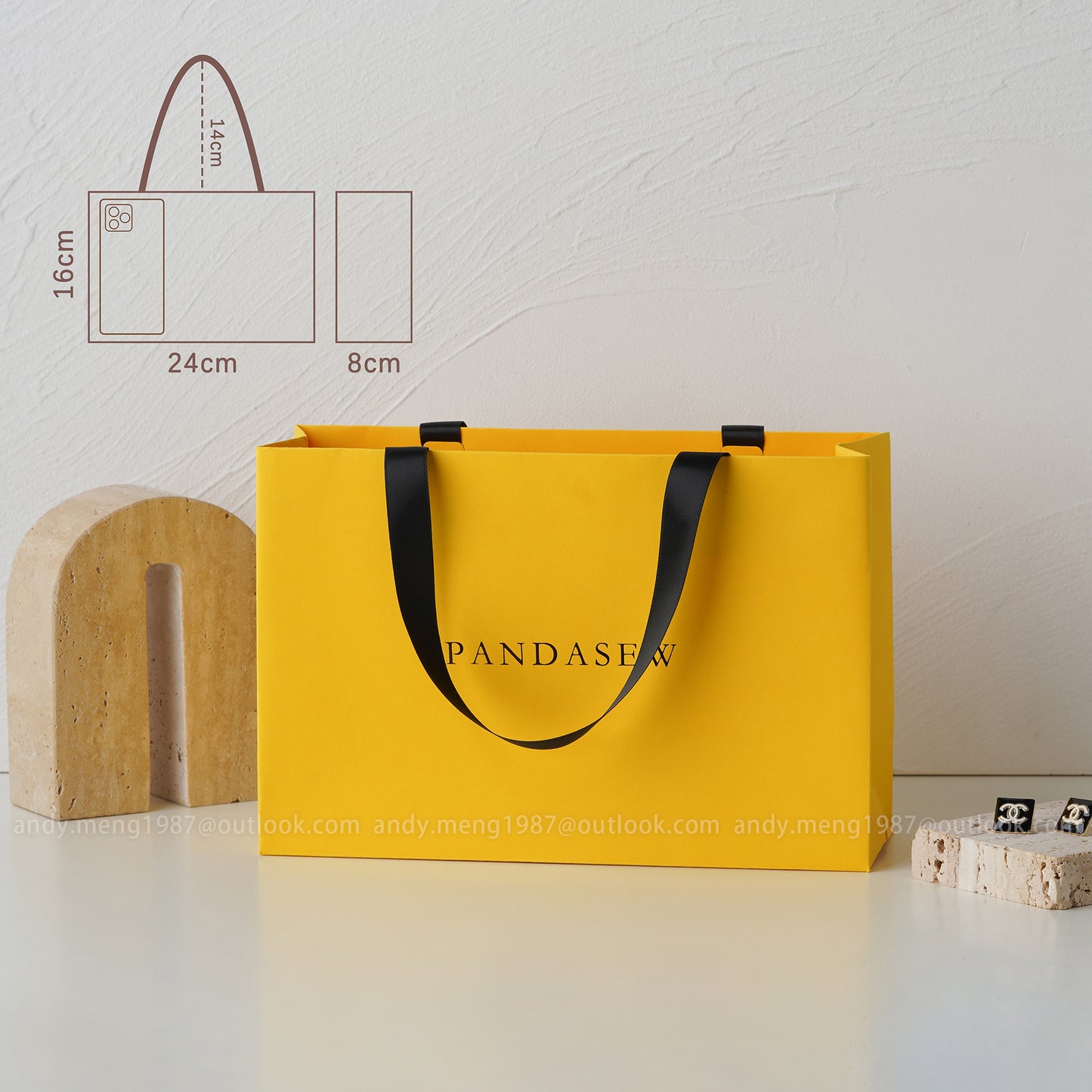 yellow paper packaging bags with silk ribbon tote 24x16cm