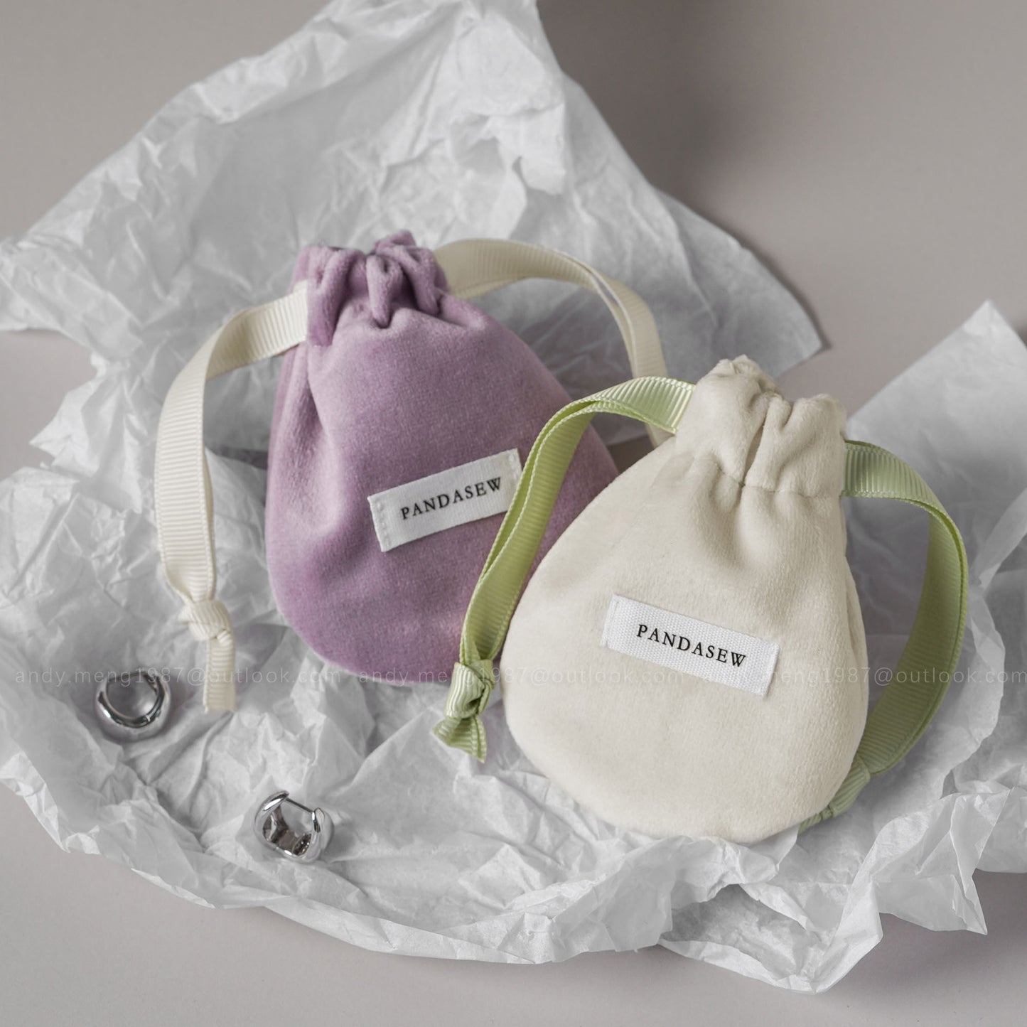 chic velvet jewelry bag with jewelry box set, personalized purple and cream white gift bag