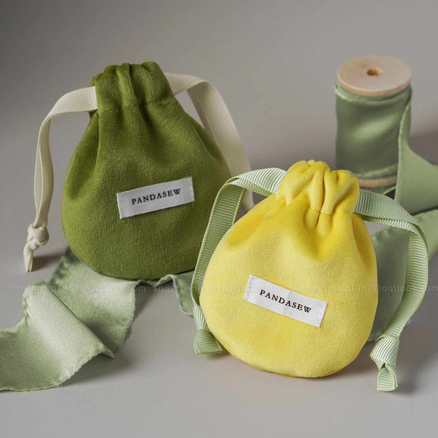 thick velvet drawstring bag, customized jewelry pouch in yellow and green