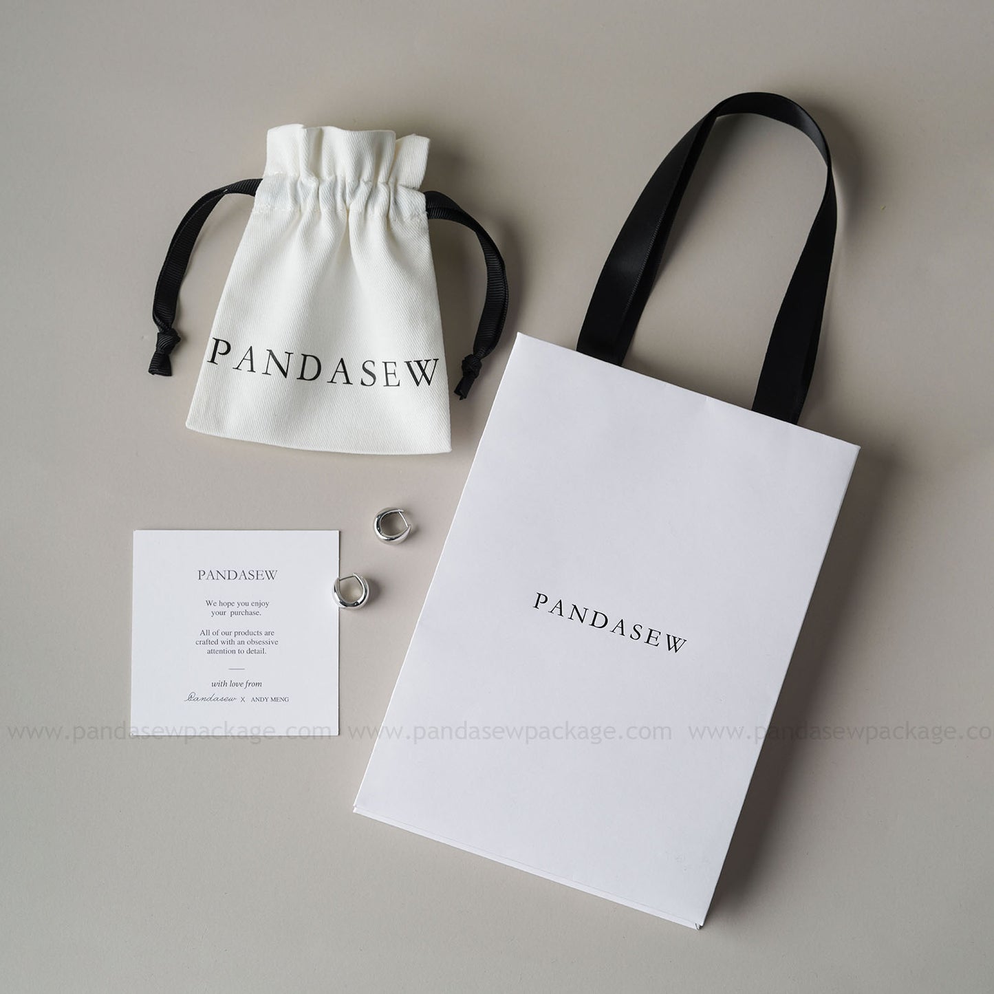Chic Pandasew paper bag, cotton drawstring bag and jewelry card with logo printed