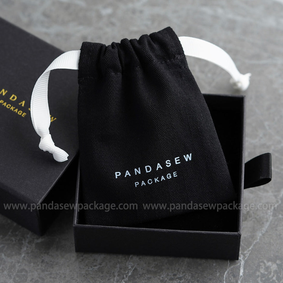 black cotton pouch, custom logo, jewelry package
