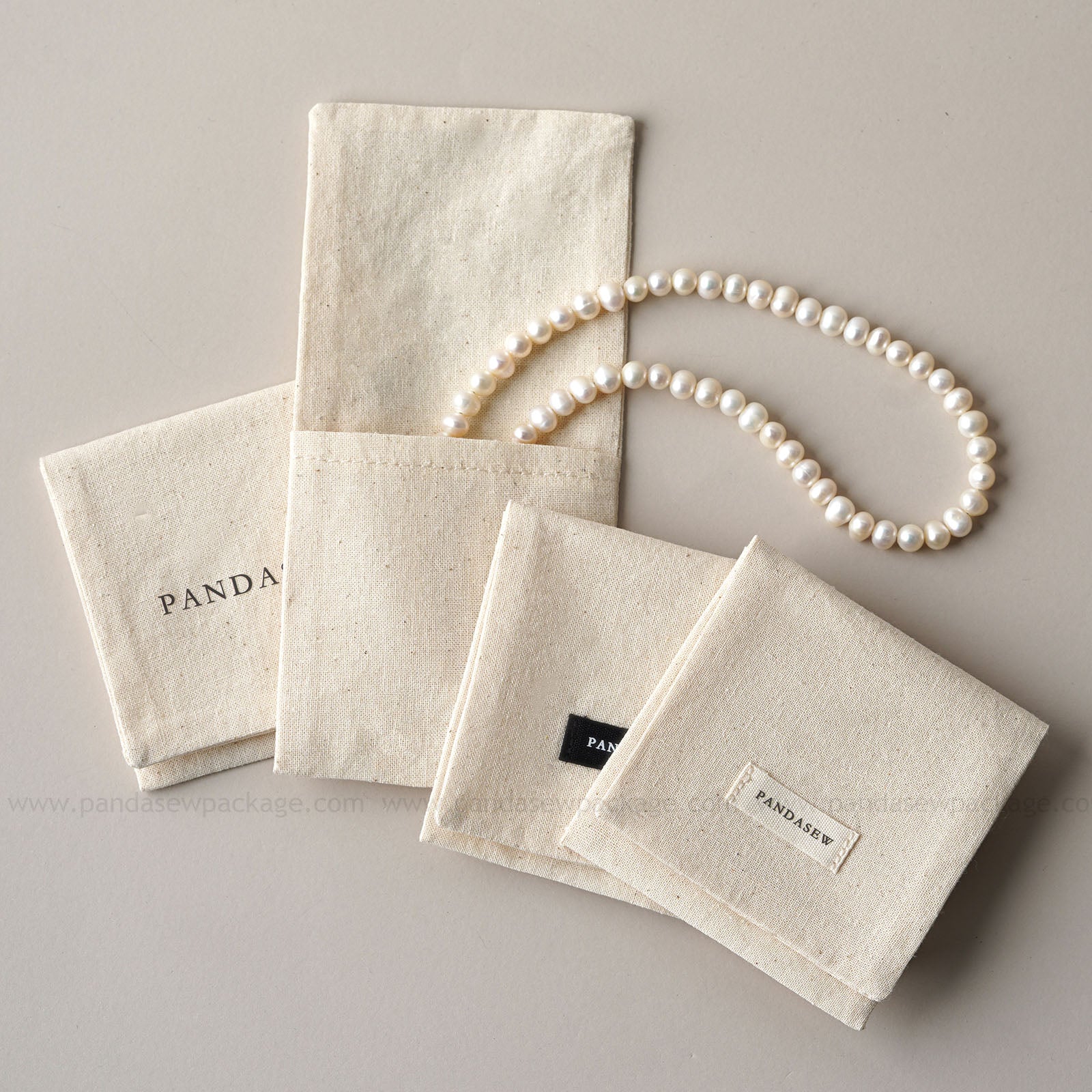 Pandasew Natural Cotton Jewelry Pouches double layered Soft and Sturdy envelope bags Safely Storing Elegant Pearl Necklaces