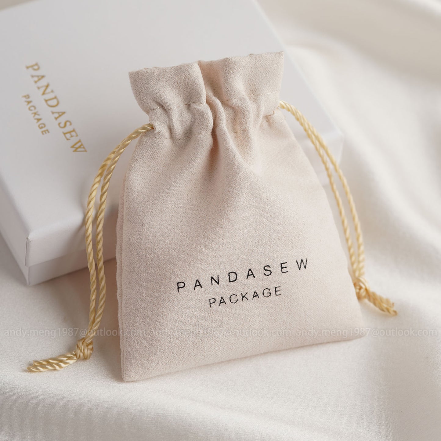 ivory color suede velvet pouch with nylon drawstring, pandasew package