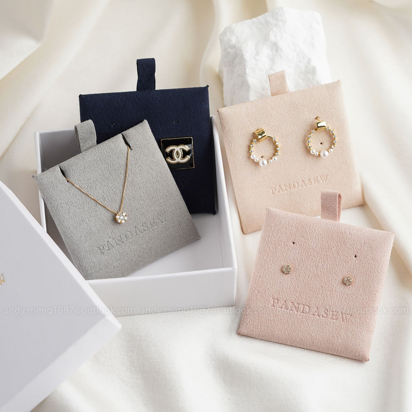 pink, gray, ivory earring card, necklace card