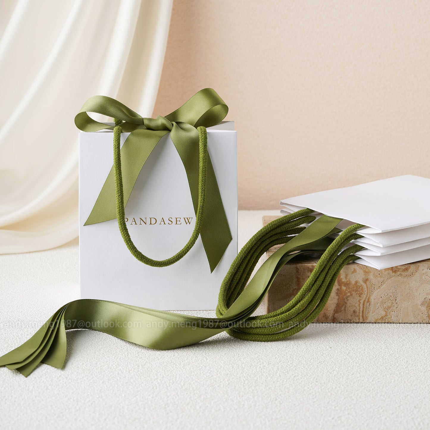 Special green ribbon tote bag, turquoise color.