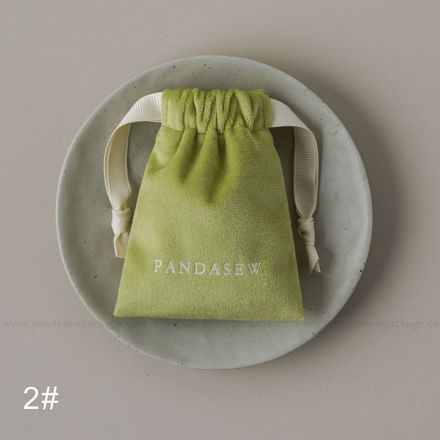 Green velvet drawstring Pandasew bag. Aromatherapy/jewelry storage with custom logo
