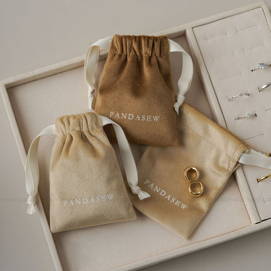 Velvet drawstring jewelry pouches custom logo print. Small gift bag for earrings/necklaces