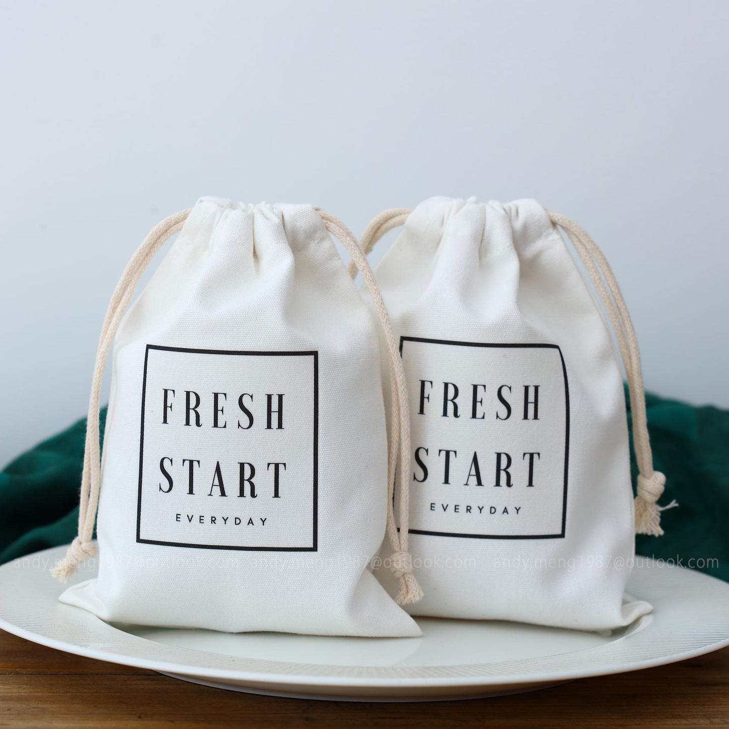 personalized logo white cotton canvas bags with black logo and cotton ropes
