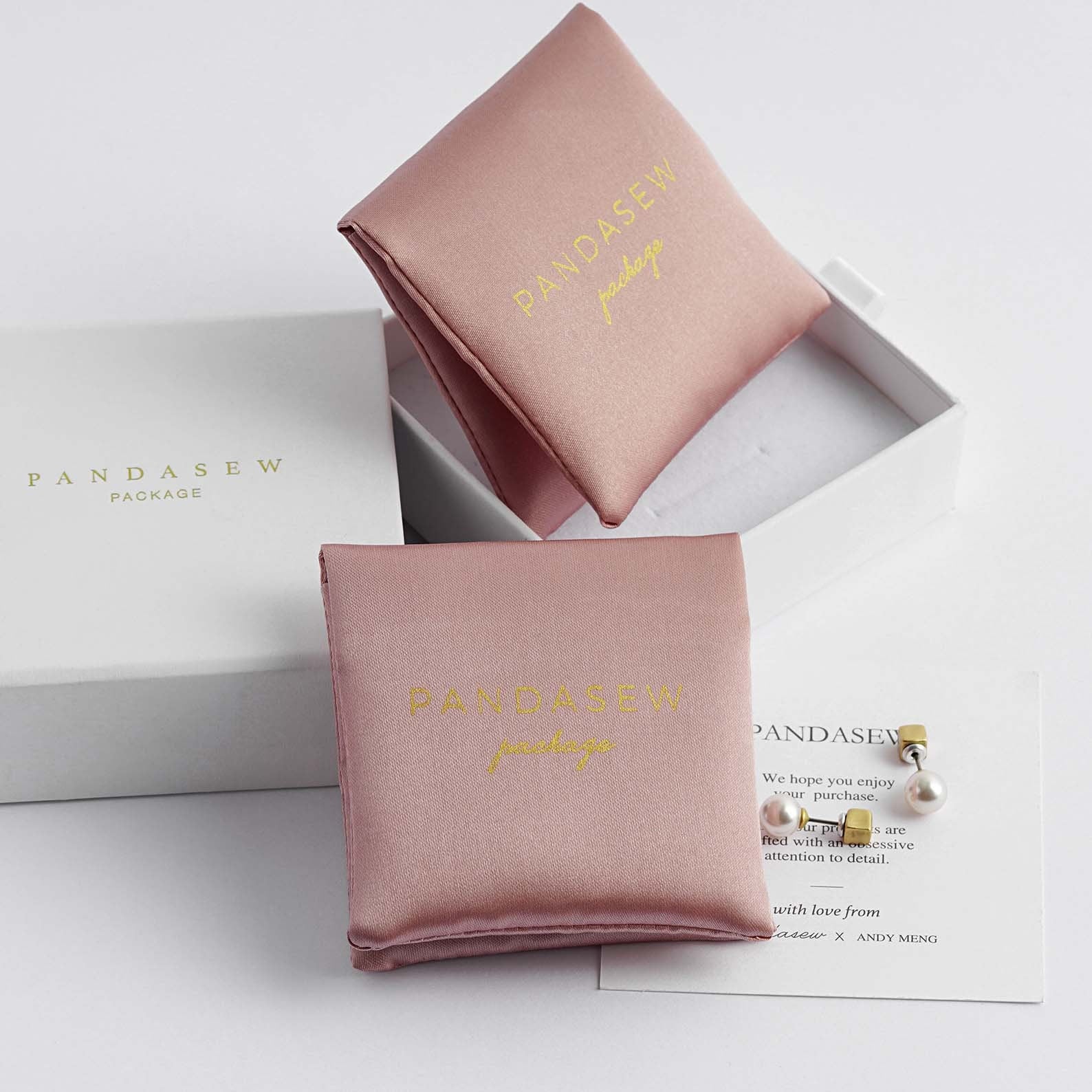 Pink satin bag and box set jewelry package