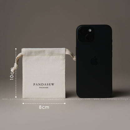 Size reference photo. Small 8x10cm jewelry pouch shown next to an iPhone for scale comparison.