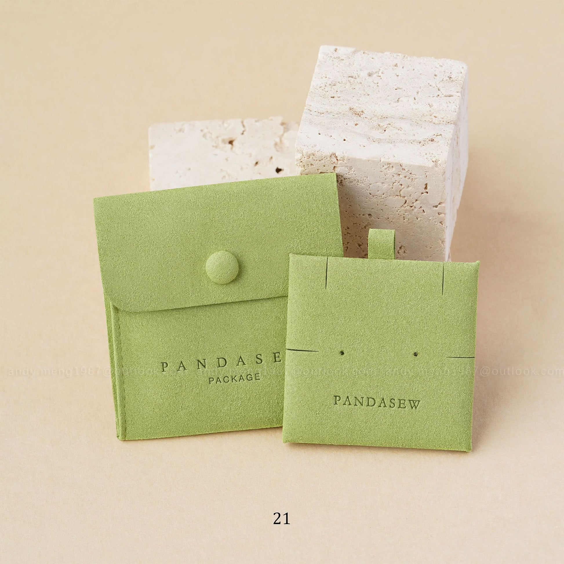 green style F button pouch with necklace and earring insert pad