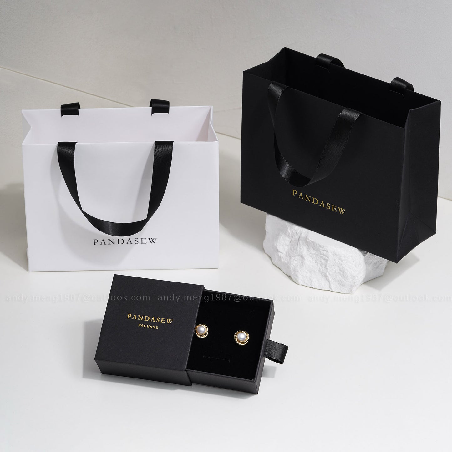black and white jewelry box with paper bag package set