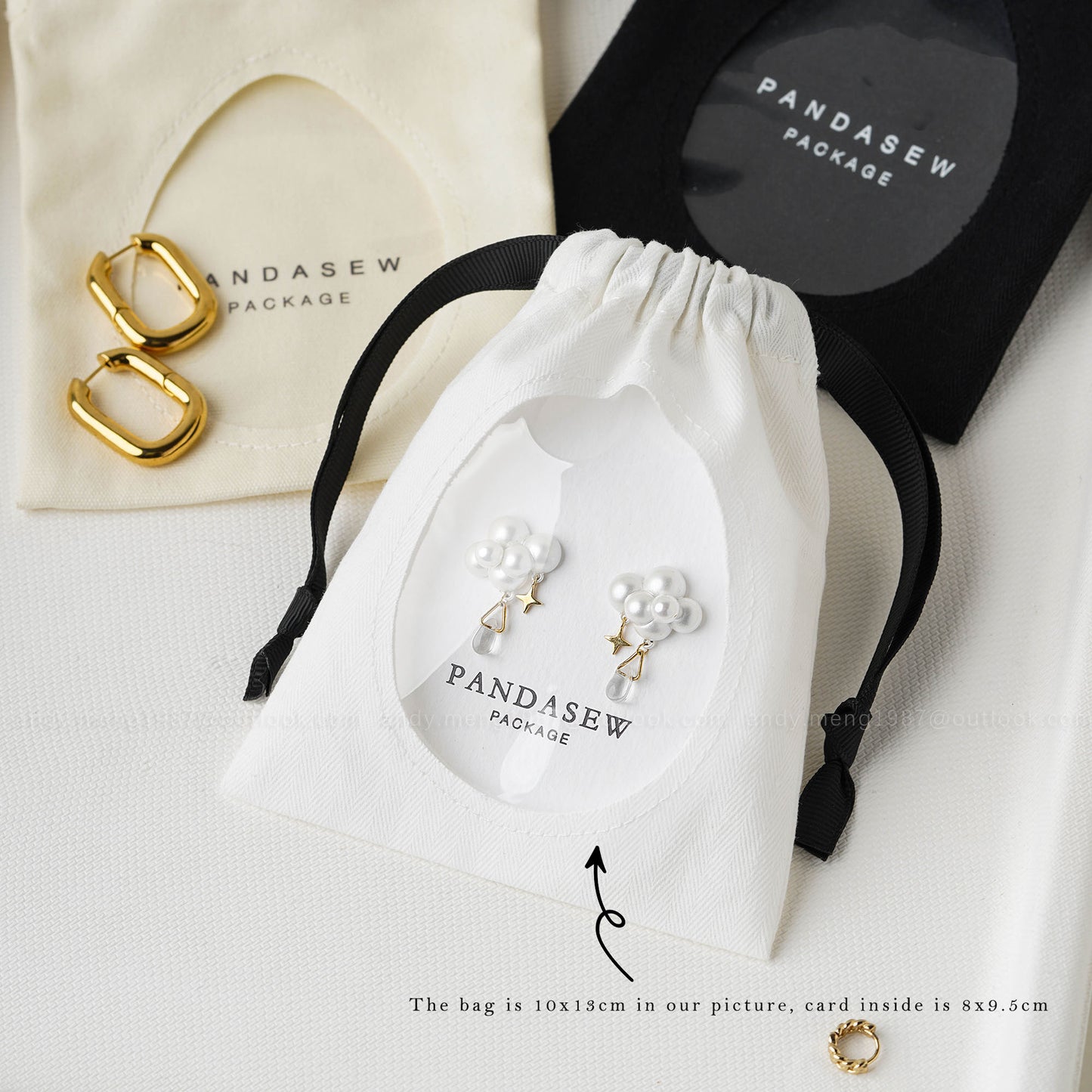 Cotton jewelry drawstring bags with custom logo, featuring transparent windows. Eco-friendly earring and bracelet packaging