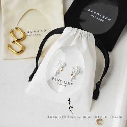 Cotton jewelry drawstring bags with custom logo, featuring transparent windows. Eco-friendly earring and bracelet packaging