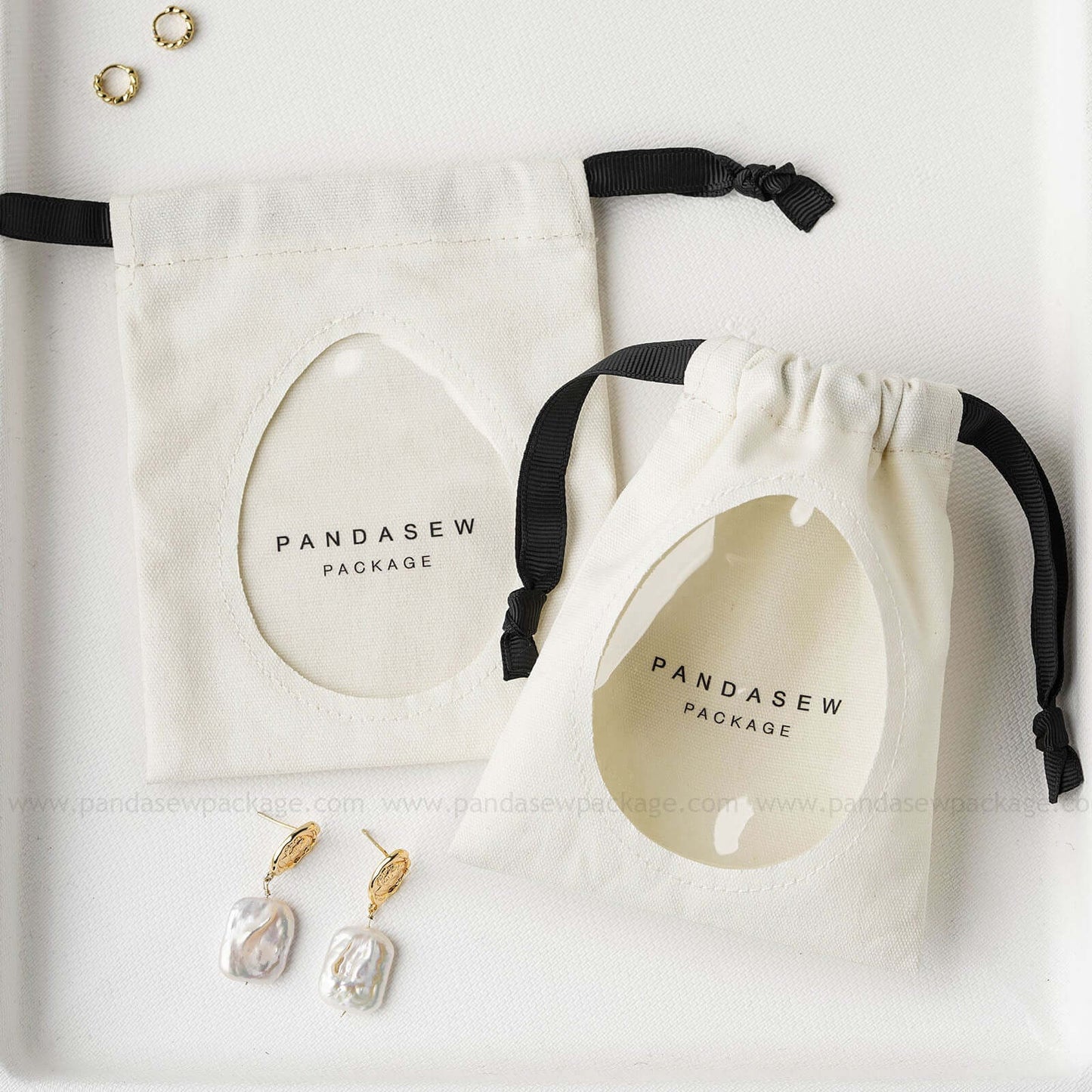 Pandasew custom logo cotton drawstring jewelry bags with transparent front, perfect for earrings and bracelets, eco-friendly packaging