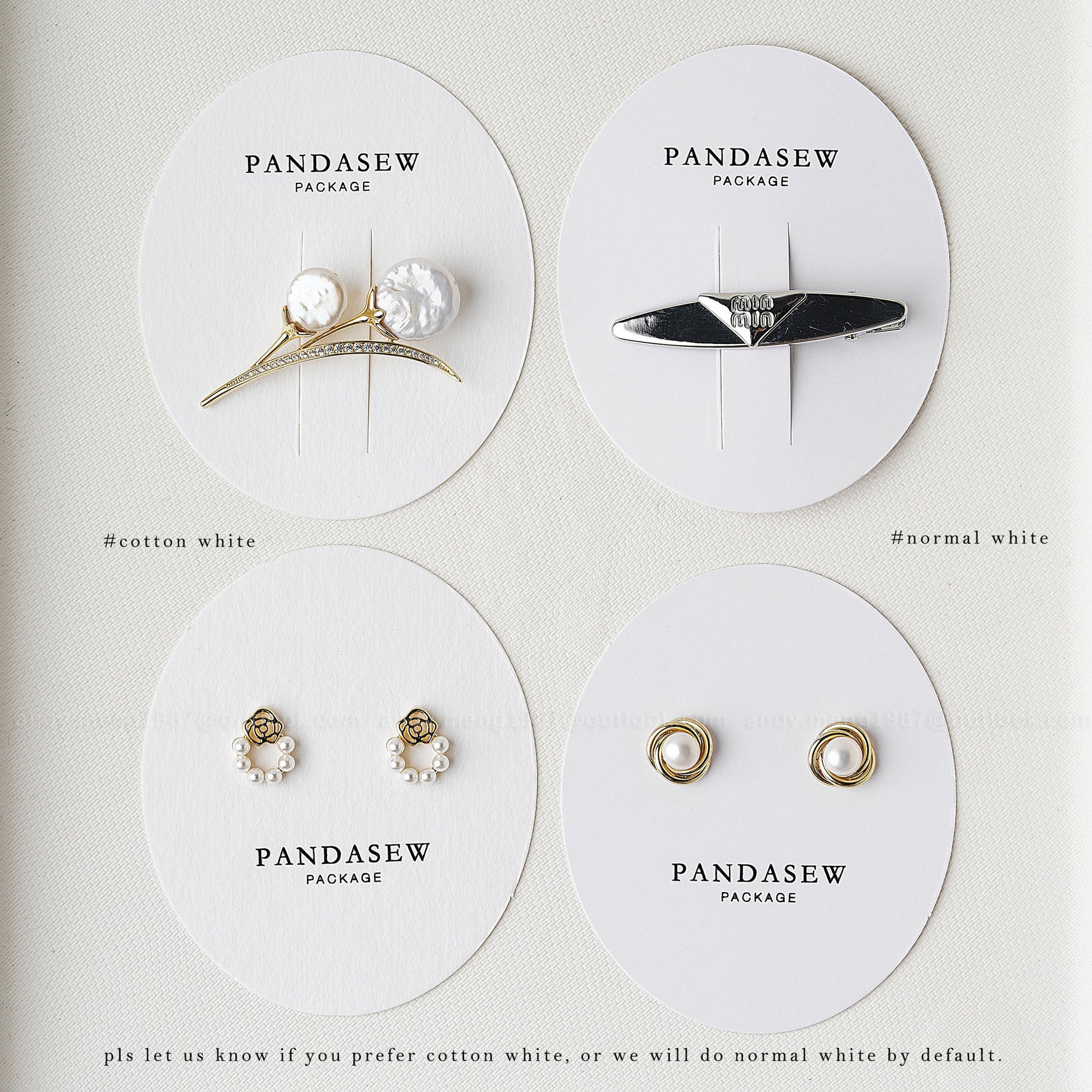Pandasew custom jewelry on display cards showcasing various earring styles for packaging options