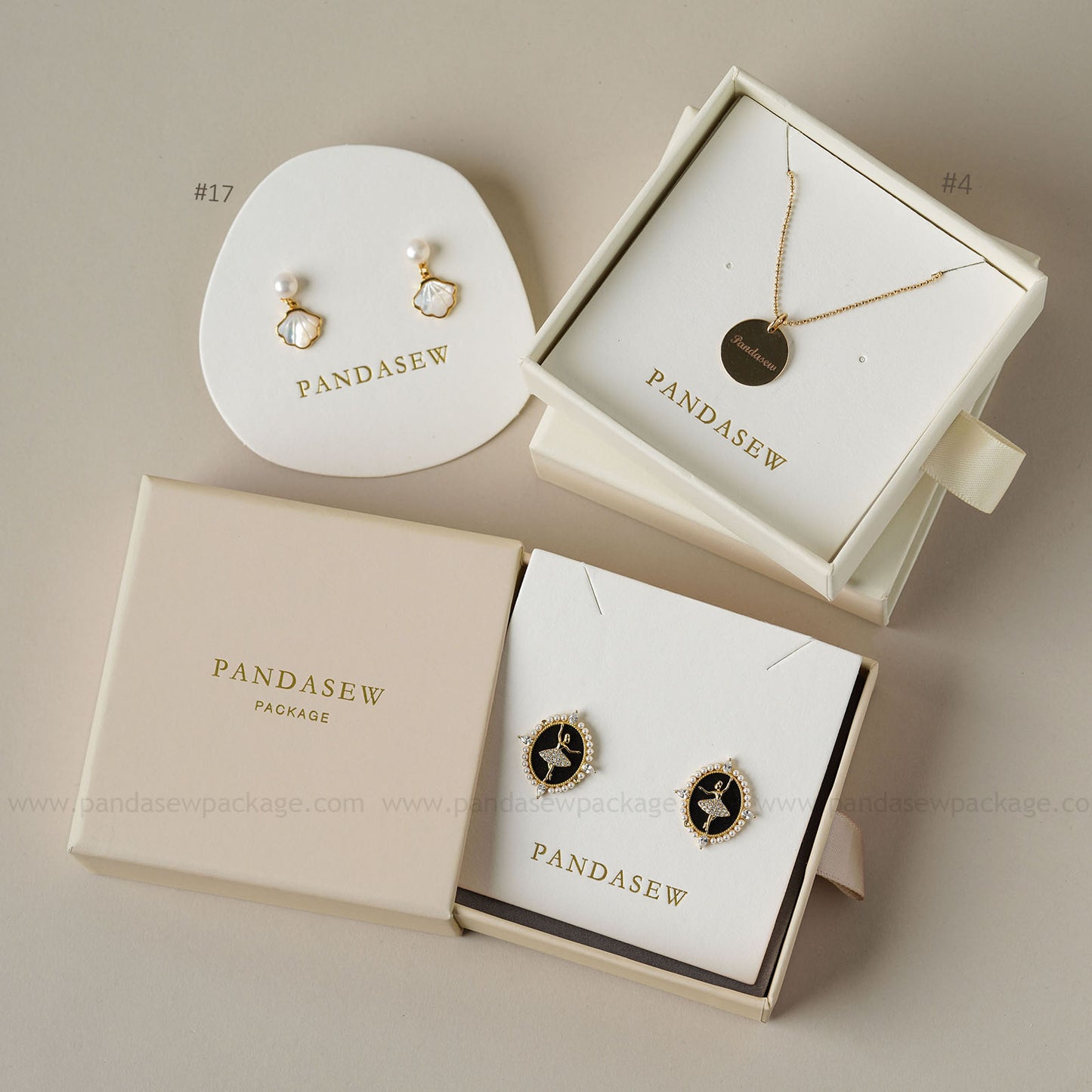 Pandasew nude and cream jewellery box with earring and necklace card