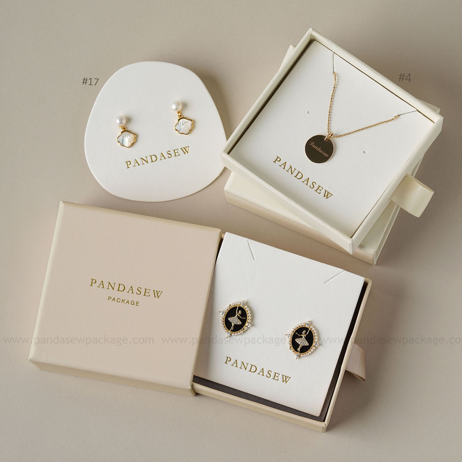 Pandasew nude and cream jewellery box with earring and necklace card