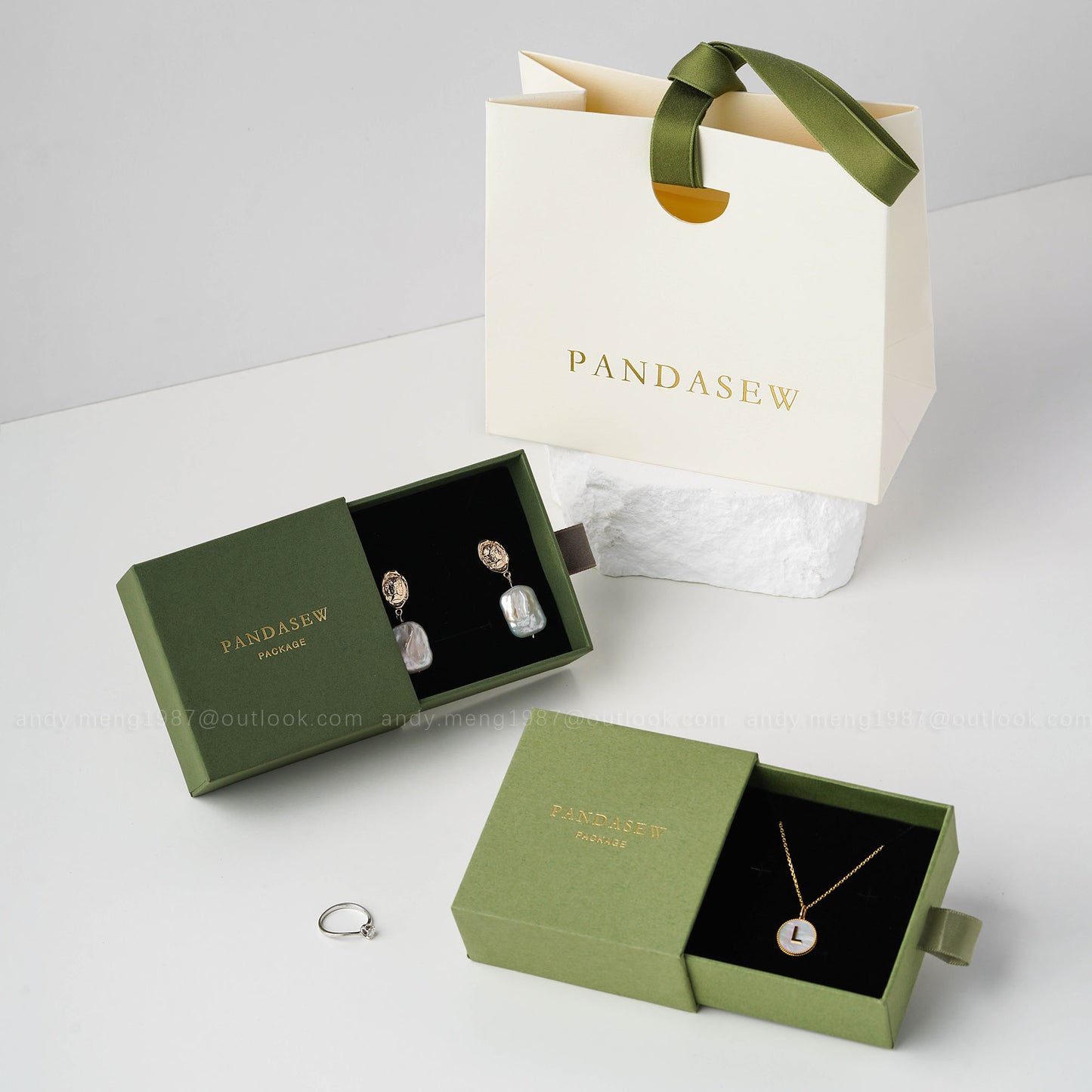 green jewelry box with paper bag package set