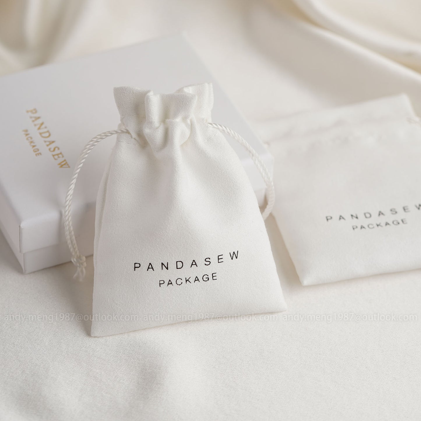 white suede velvet pouch with nylon drawstring, pandasew package