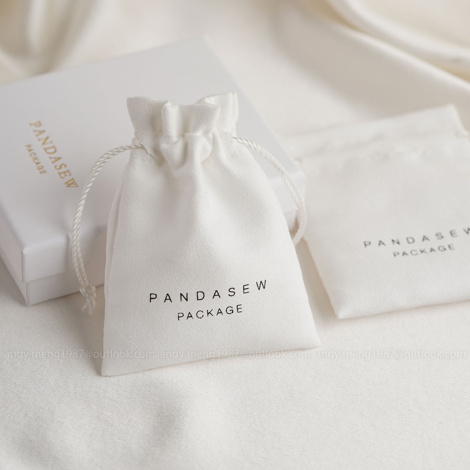 white suede velvet pouch with nylon drawstring, pandasew package