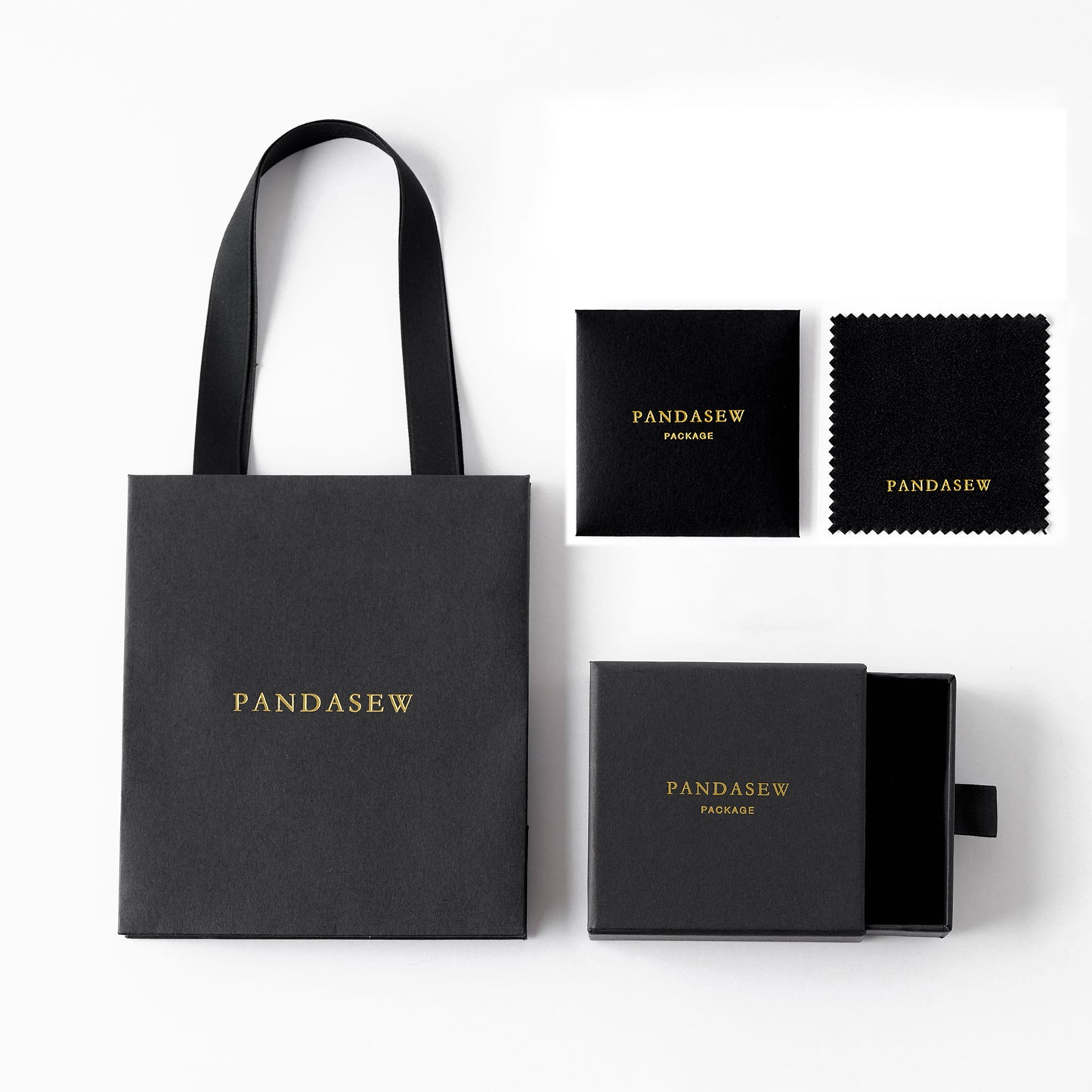 Black jewelry package set, black box, black cards, black cleaning cloth with logo printing