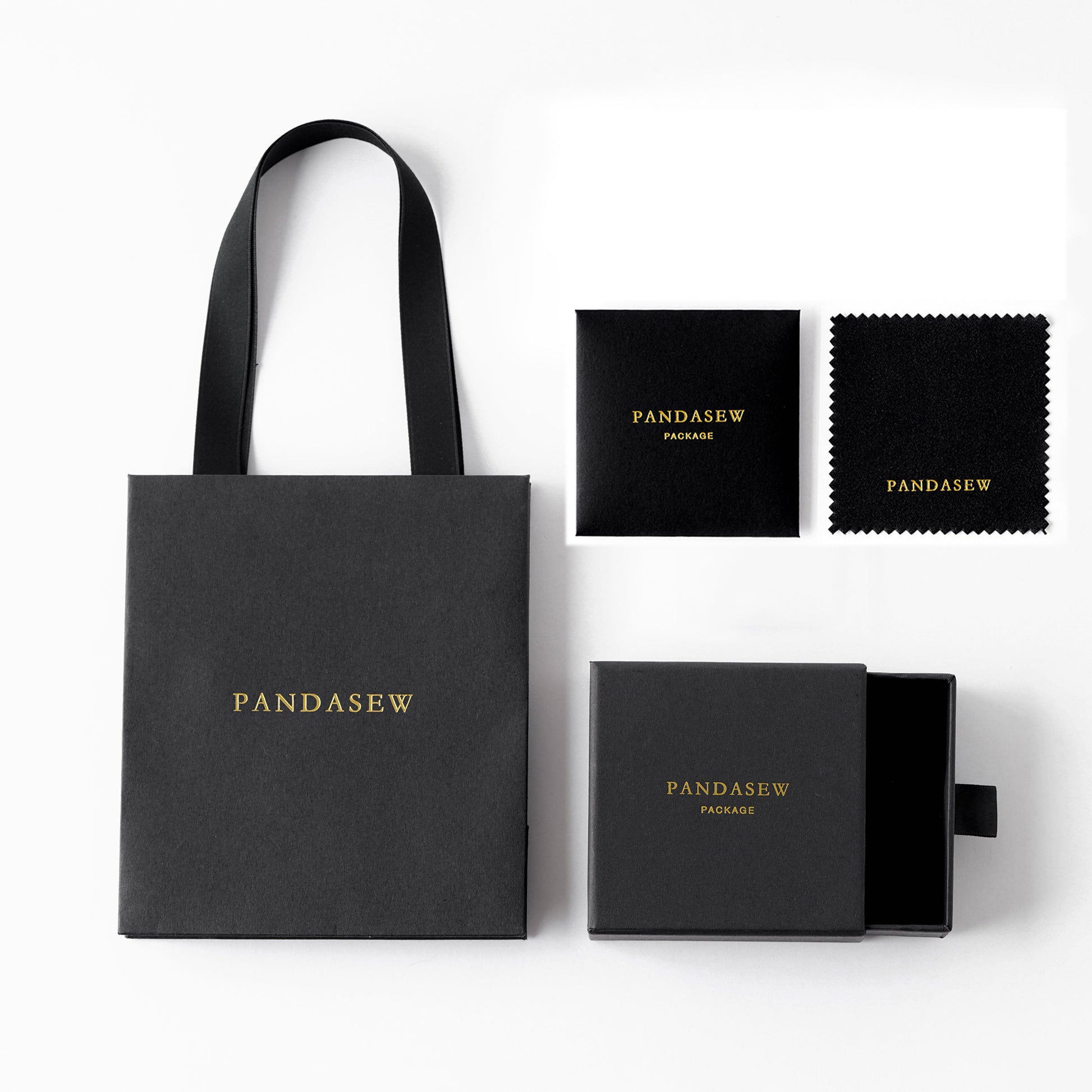 Black jewelry package set, black box, black cards, black cleaning cloth with logo printing