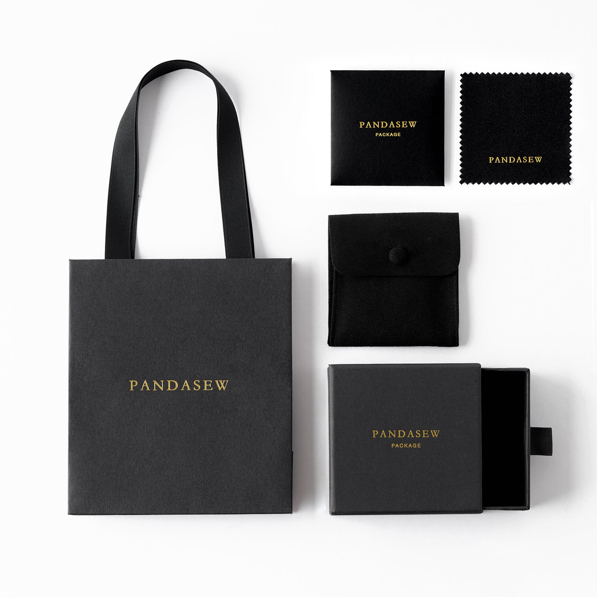 Black jewelry package set, black box, black cleaning cloth with logo printing