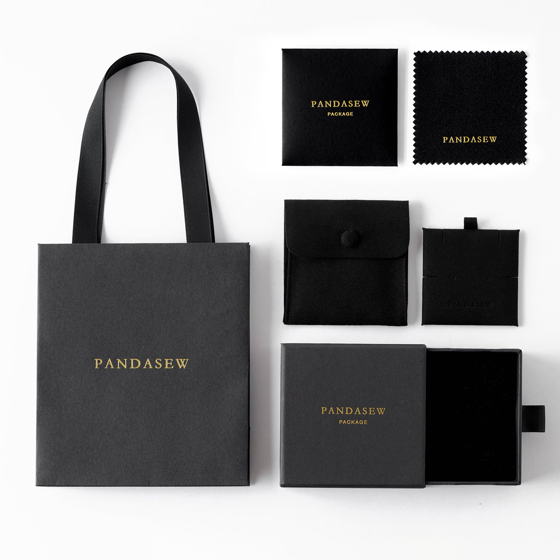 Black jewelry package set, black box, black cleaning cloth with logo printing