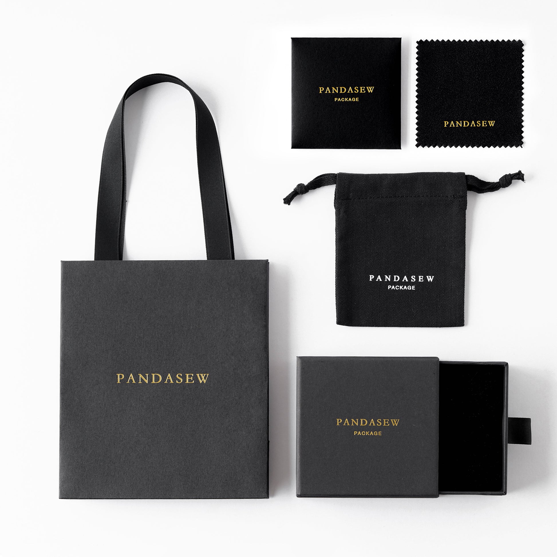 Black jewelry package set, black box, black cleaning cloth with logo printing