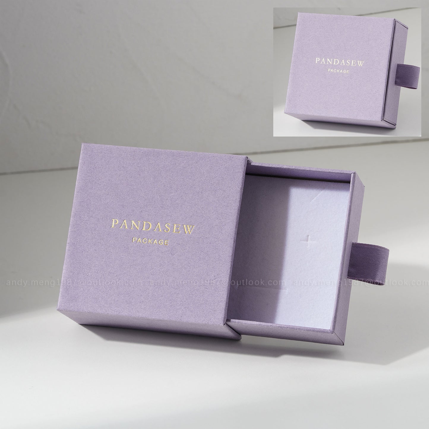 Light purple jewelry box with custom gold logo