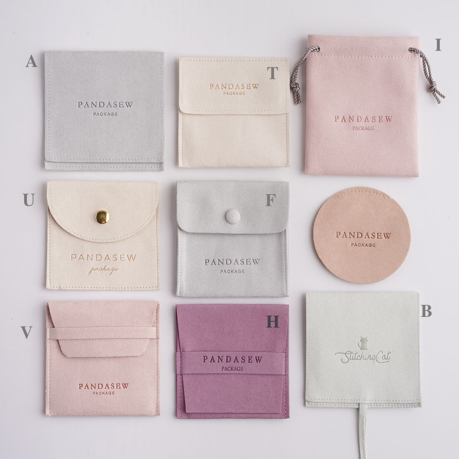 styles of 06 thickness microfiber pouches, logo imprinted, pandasew package