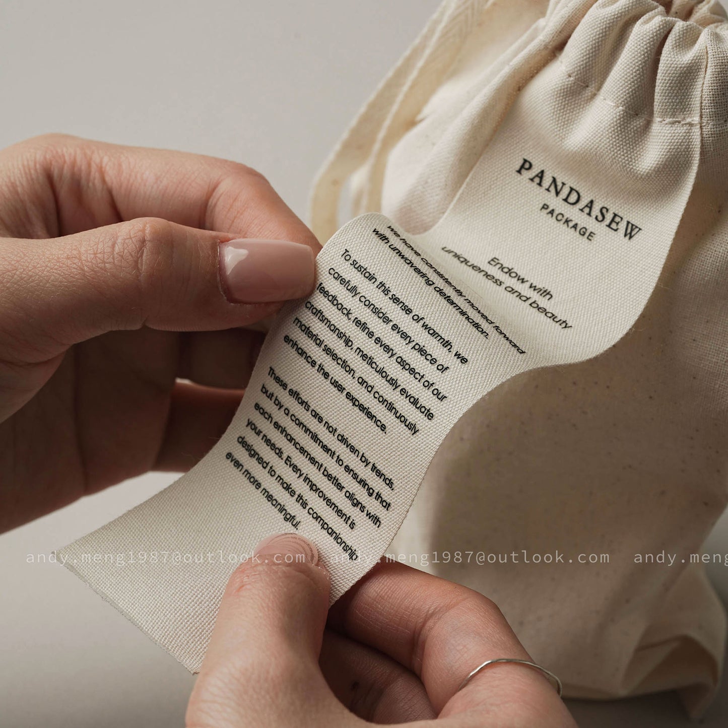 Pandasew label printing, custom logo and text on packaging