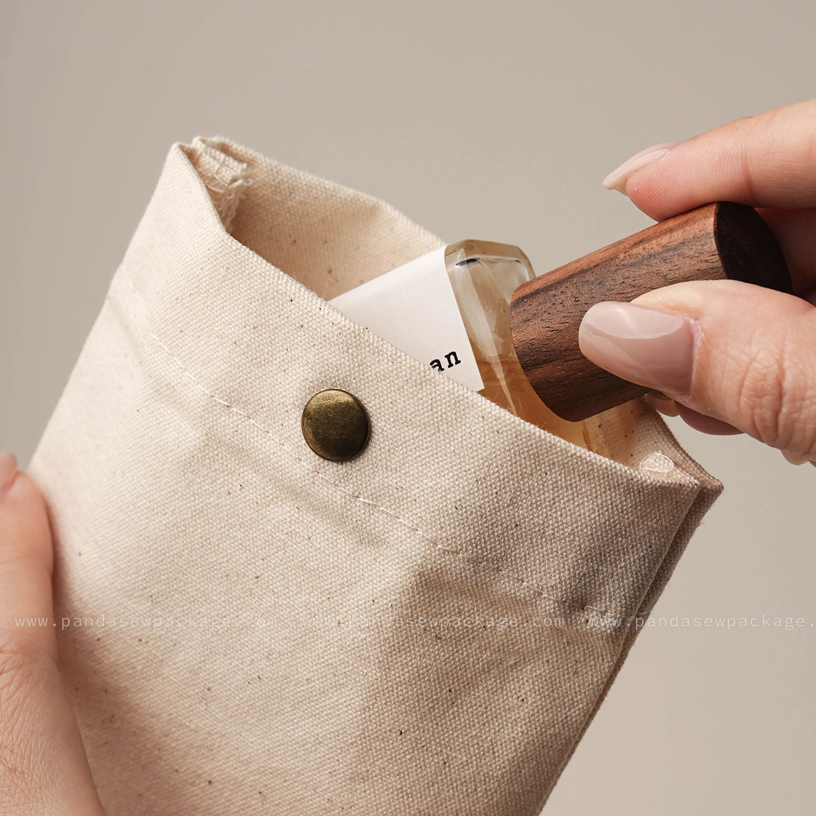 Beige canvas snap bag with metal snap closure, hand craft gift packaging
