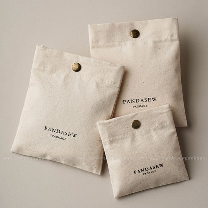 Beige canvas snap bag with metal snap closure, hand craft gift packaging