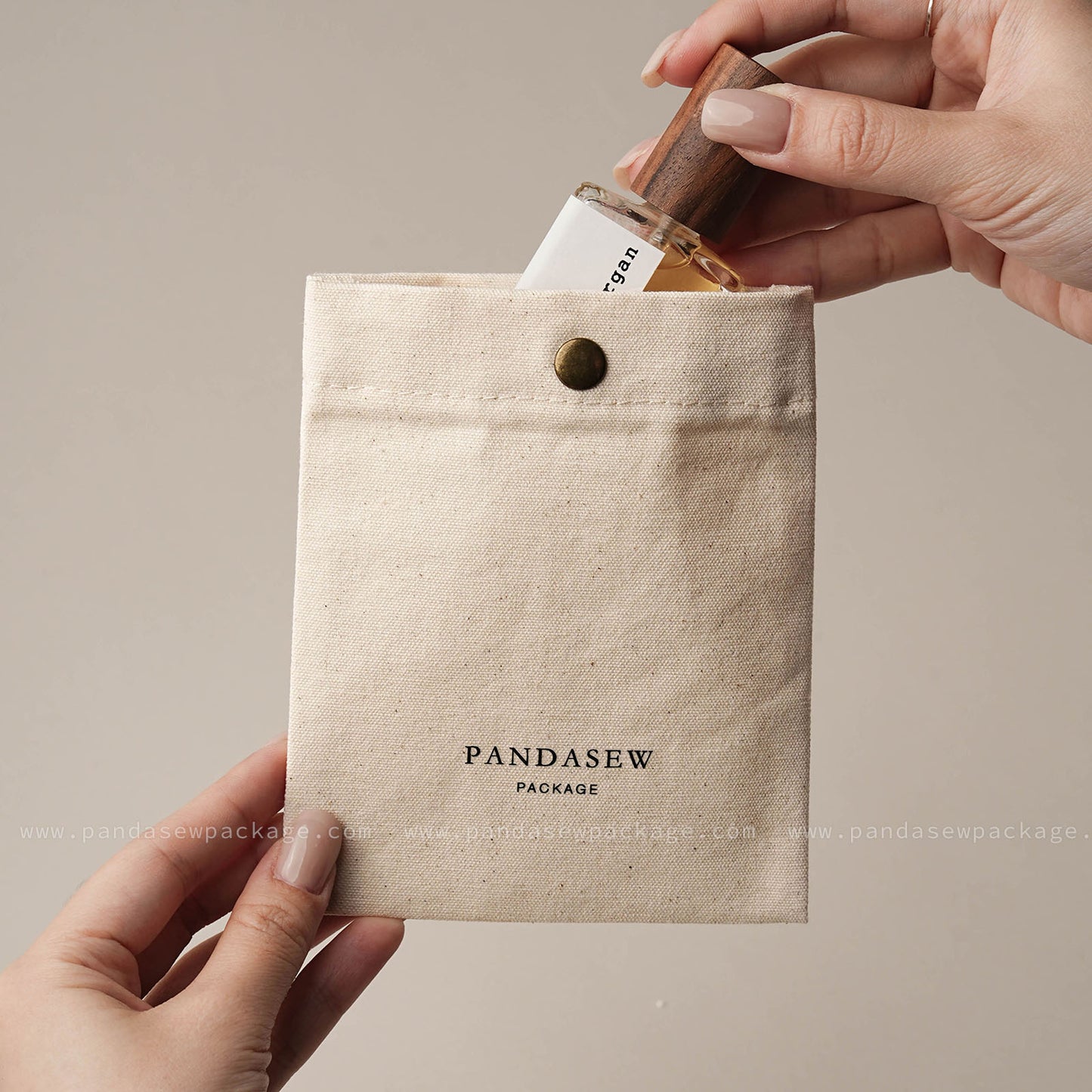 Beige canvas snap bag with metal snap closure, hand craft gift packaging