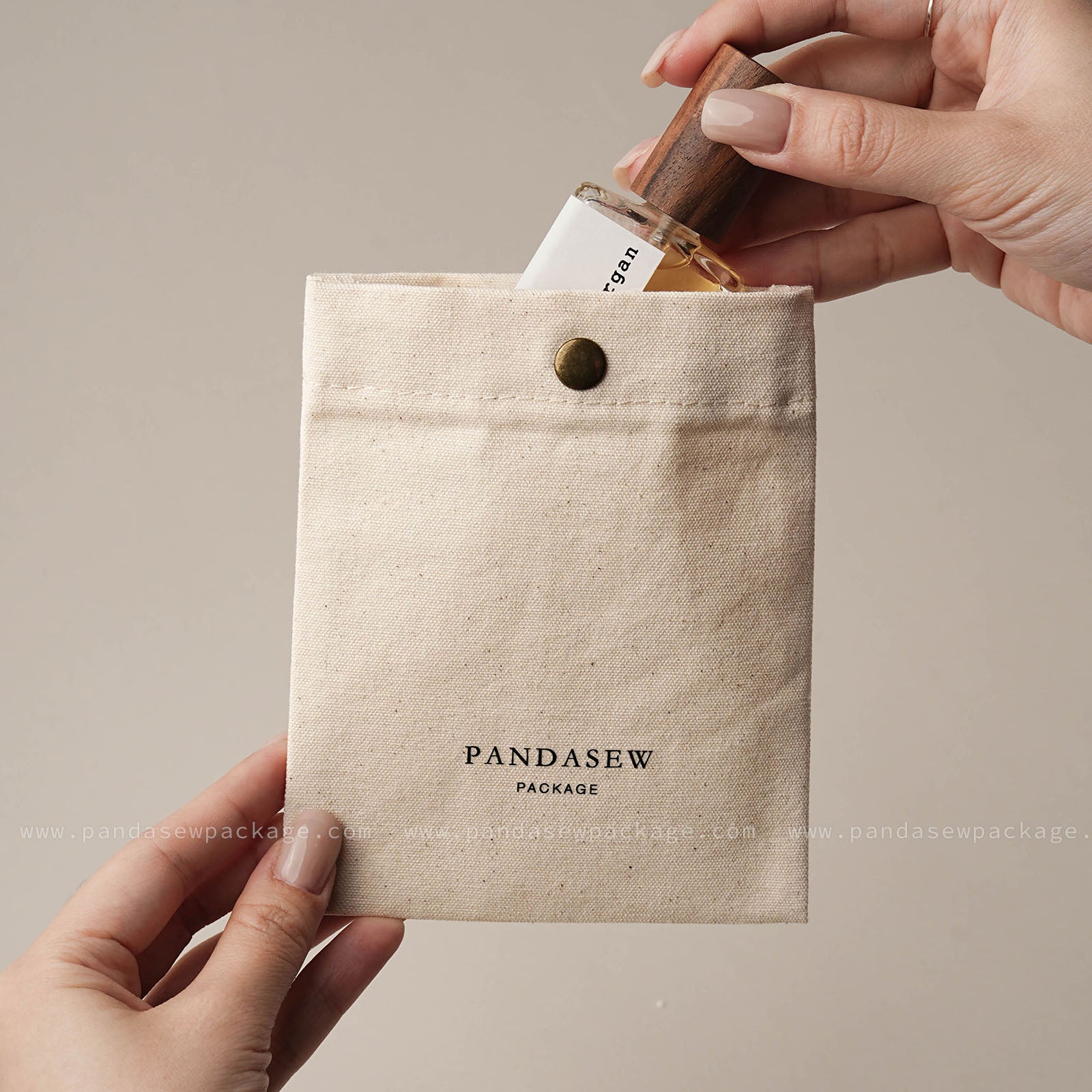 Beige canvas snap bag with metal snap closure, hand craft gift packaging