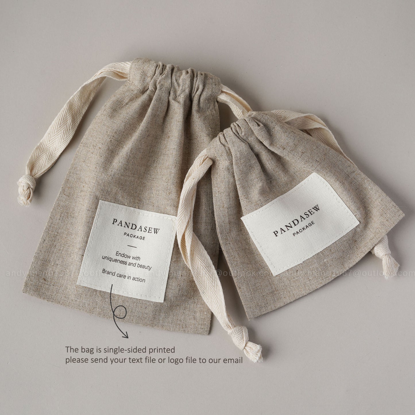 small linen drawstring bag print logo and text