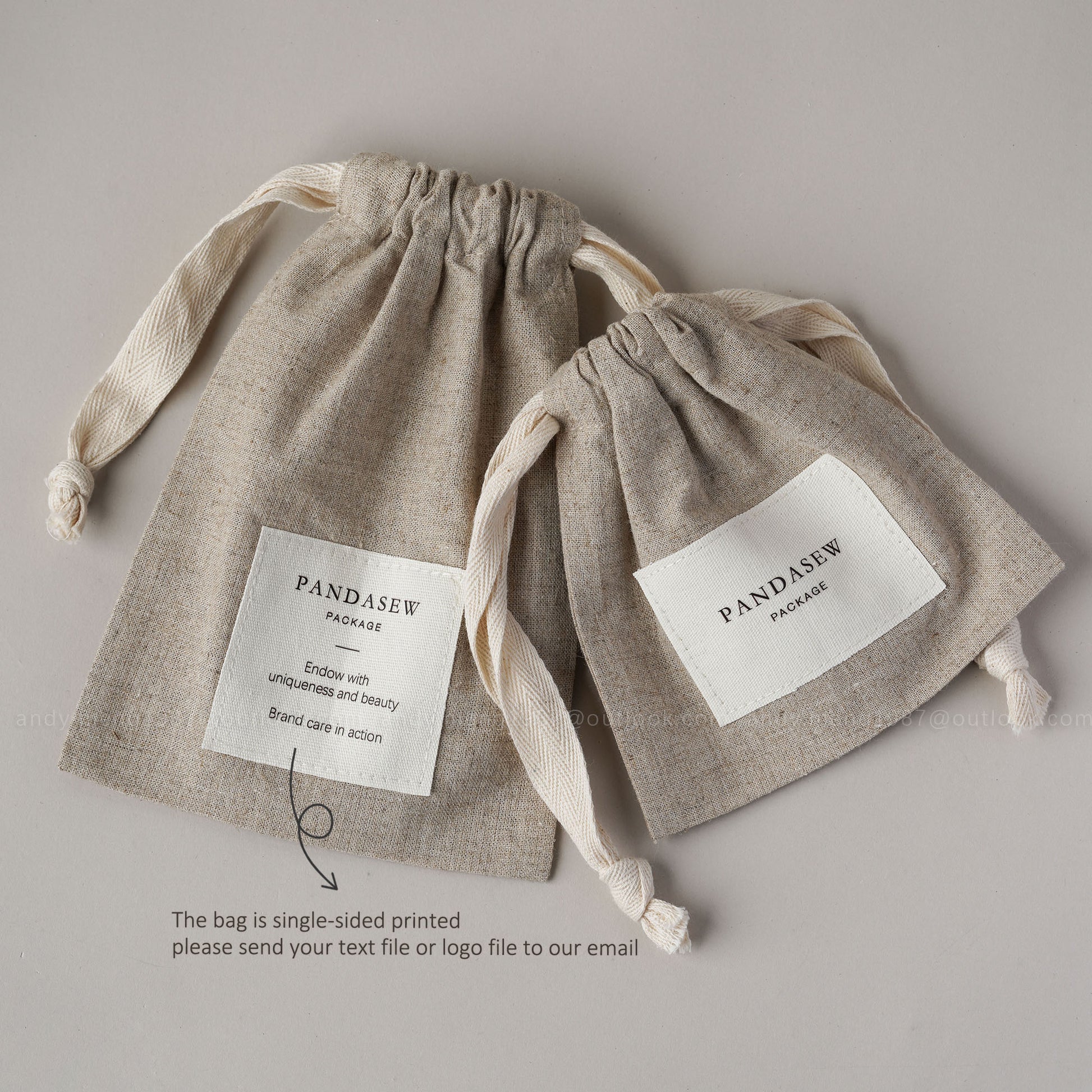 small linen drawstring bag print logo and text