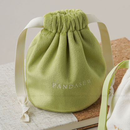 green velvet drawstring Pandasew bag. Aromatherapy/jewelry storage with custom logo