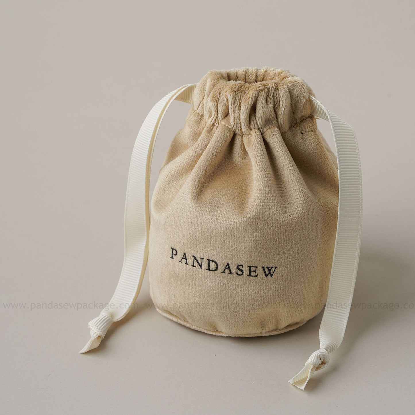 sand velvet drawstring Pandasew bag. Aromatherapy/jewelry storage with custom logo