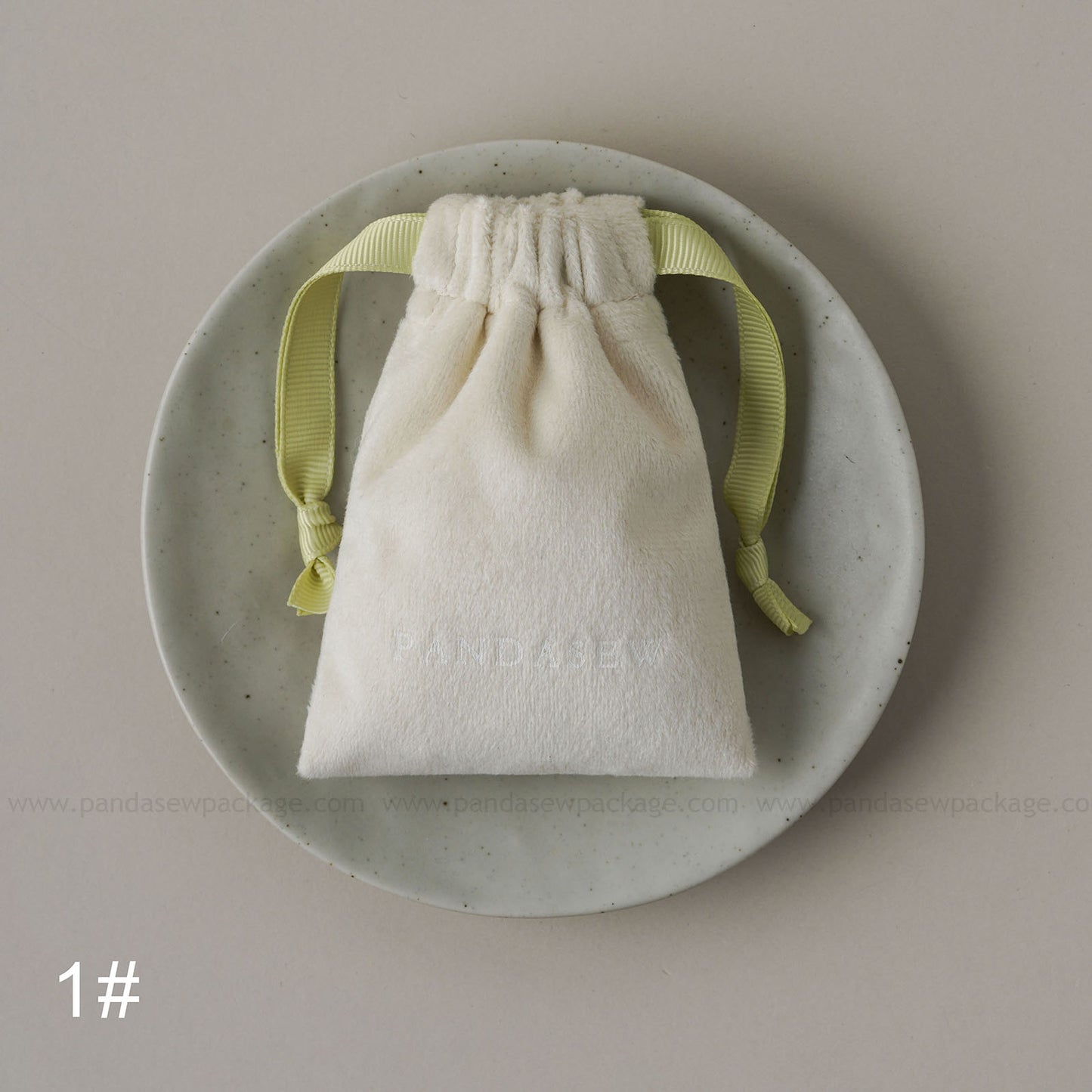 White velvet drawstring Pandasew bag. Aromatherapy/jewelry storage with custom logo