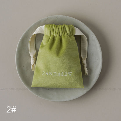 Green velvet drawstring Pandasew bag. Aromatherapy/jewelry storage with custom logo
