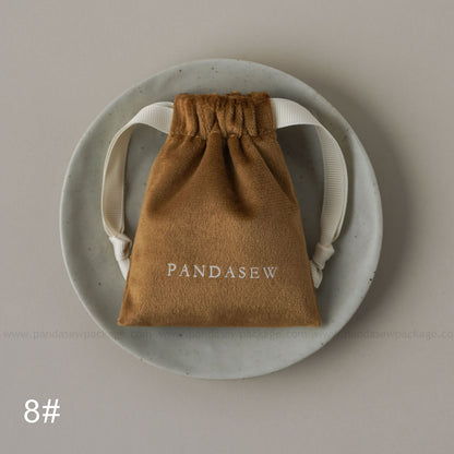 Brown velvet drawstring Pandasew bag. Aromatherapy/jewelry storage with custom logo