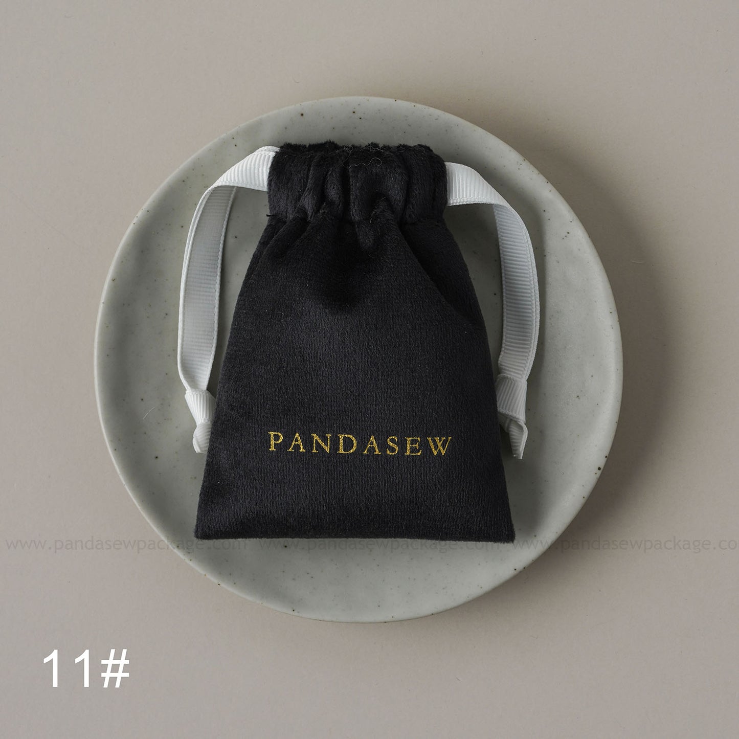 Black velvet drawstring Pandasew bag. Aromatherapy/jewelry storage with custom logo